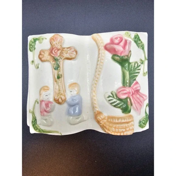 Vintage Ceramic Bible Trinket Box Praying Children Cross Rose Religious Keepsake - Picture 2 of 4